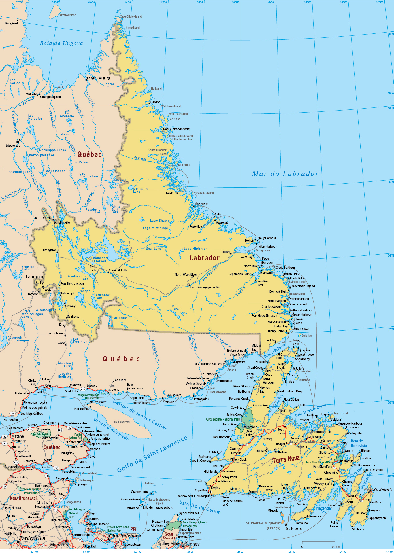 Mapa Terra Nova e Labrador